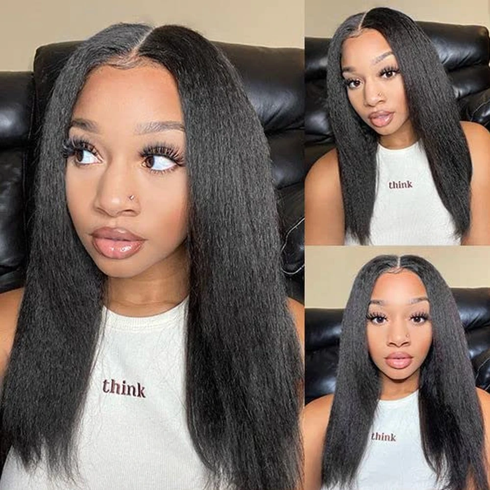 Kinky Straight V Part Wig for Black Women Yaki Straight Synthetic Hair Upgrade U Part Half Wigs No Leave Out No Glue Wigs 22Inch image 4