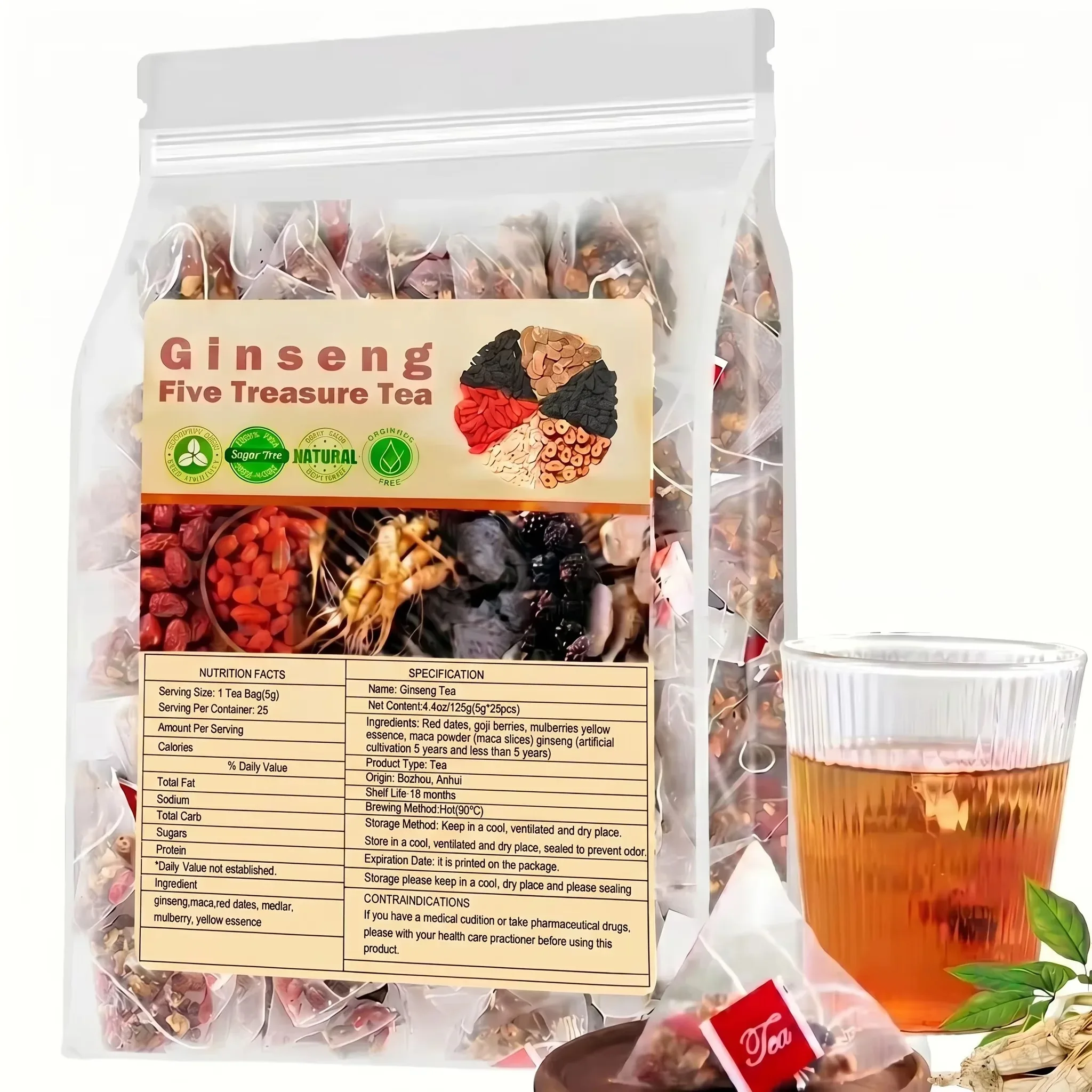Herbal Tea For Wellness - Sugar Free Natural Ginseng Five Treasure