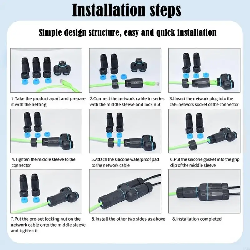 Two-In-One RJ45 8P8C CAT6 Gigabit Networking Cable Connector Splitter with IP68 Waterproof Shielding Protections E65A