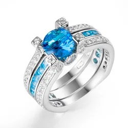 Valuable Lab Aquamarine Diamond Ring Set 925 Sterling Silver Wedding Band Rings for Women Men Engagement Promise Party Jewelry