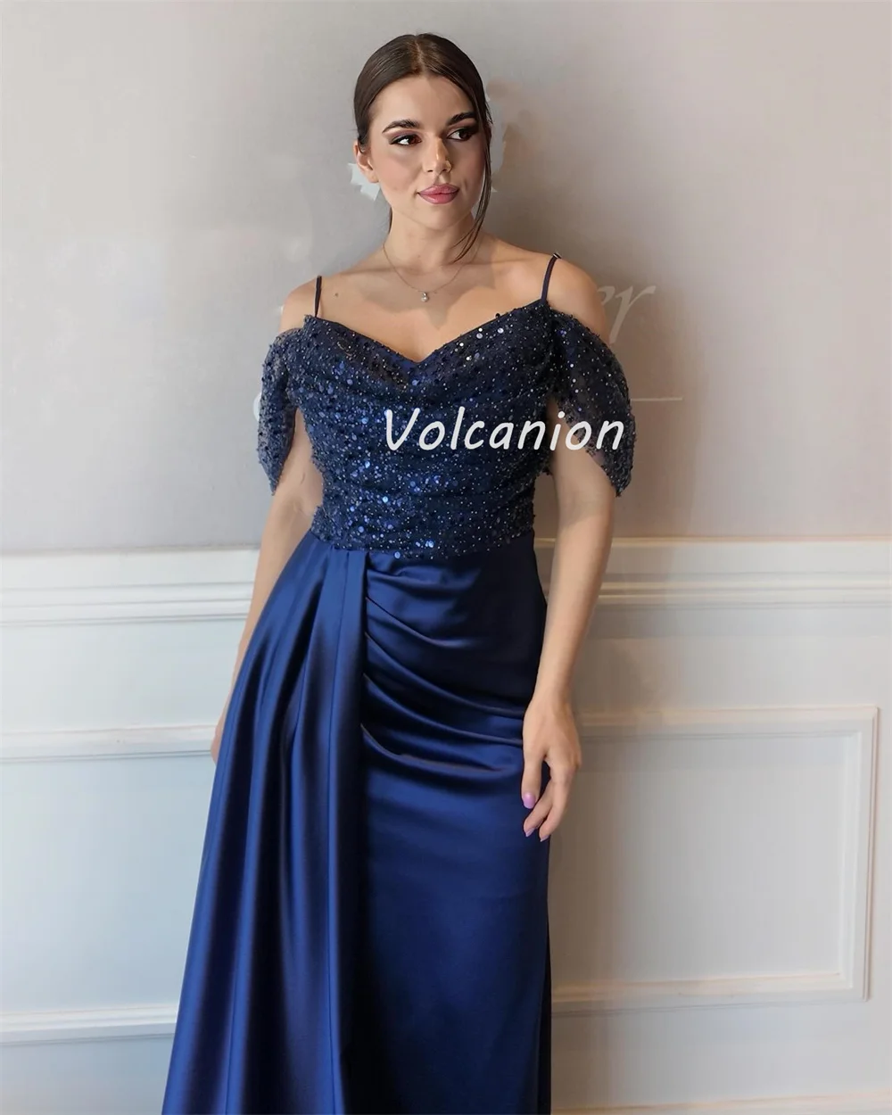 Customized Modern Style Exquisite Charmeuse Sequined Beading Column Off-the-shoulder Long Dresses Bespoke Occasion Dresses Sexy