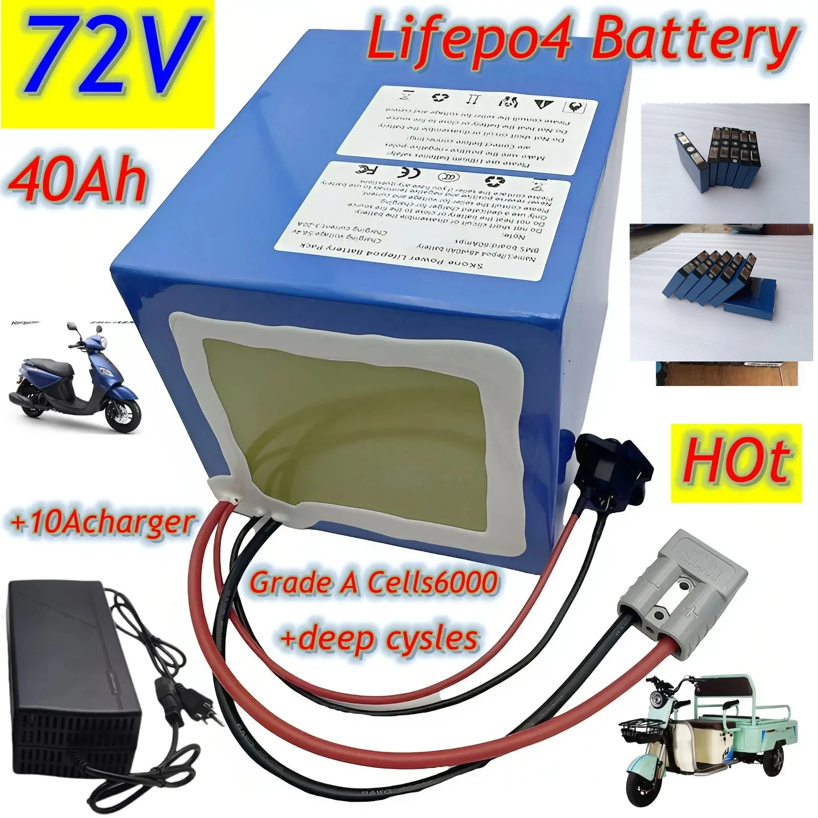 

Литиевая батарея Lifepo4, 72 В, 40 Ач, BMS 24S, для мото électrique 3000 Вт, 5000 Вт, 7000 Вт, скутер électrique, voiture d'équi