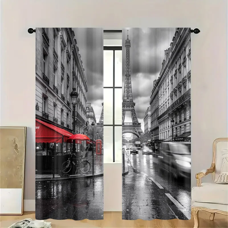 Parisian Street View Window Curtains Eiffel Tower Art Decor Black and White Cityscape Photo Print Room Divider Home Decoration