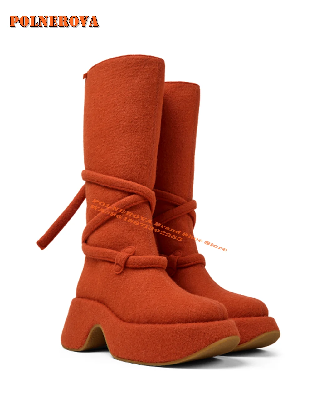 

Orange Camper Edition Mid Calf Boots Round Toe Thick Sole Cross Tied Large Size Solid Fashion Knee High Boots Street Style 2024