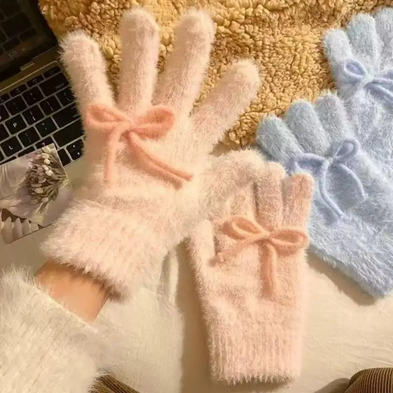 

Plush Knitted Gloves For Women Winter Cute Butterfly Knot Thickened Knitted Gloves Women's Winter Finger Antifreeze Gloves
