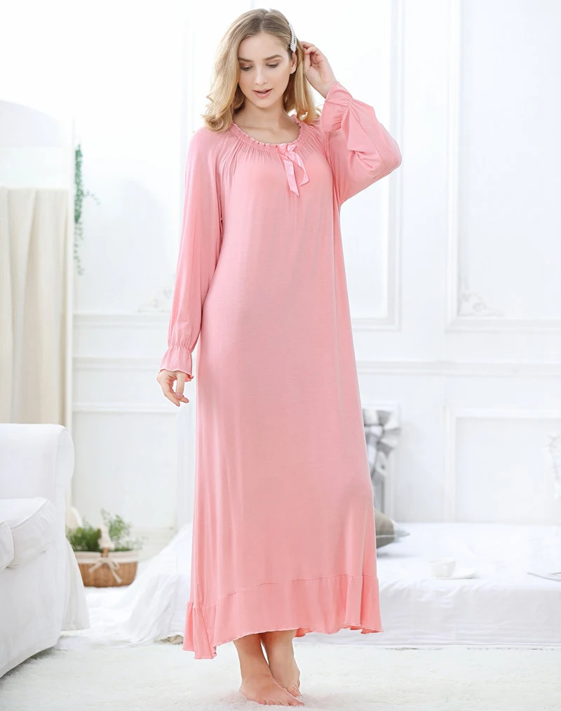 Long Nightgown Women's Loungewear Modal Long Sleeve Sleepwear Soft Princess Full Length Sleep Shirt Plus Size Nightdress Nighty