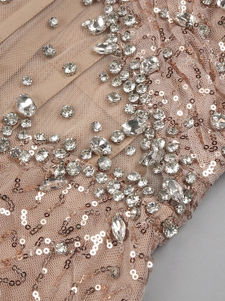 VC Beige Sequins Strapless Long Dress Backless See Through Mesh Crystal High Slit Celebrity Party Evening Gowns With Gloves