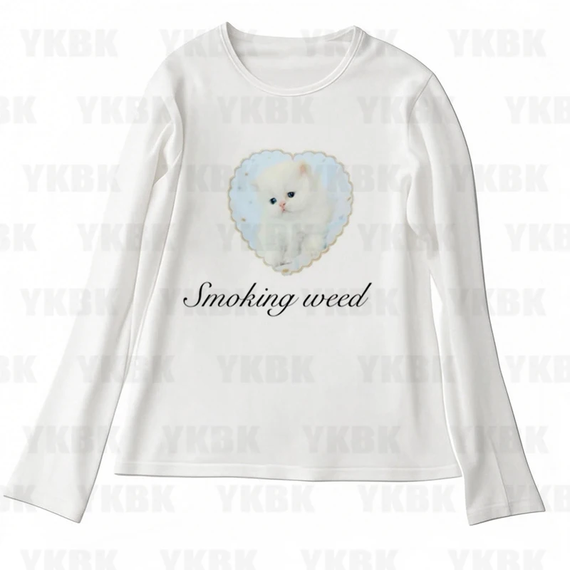 Y2k T-shir Kitty Cat Print Women Clothing Gothic Emo Cropped Harajuku Graphic Long Sleeve Trashy Y2k 2000s Fashion Goth White view 6