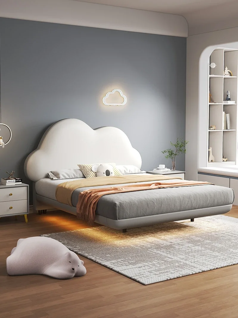 Cama suspensa moderna e simples, quarto principal, cama queen, cama de couro leve e luxuosa
