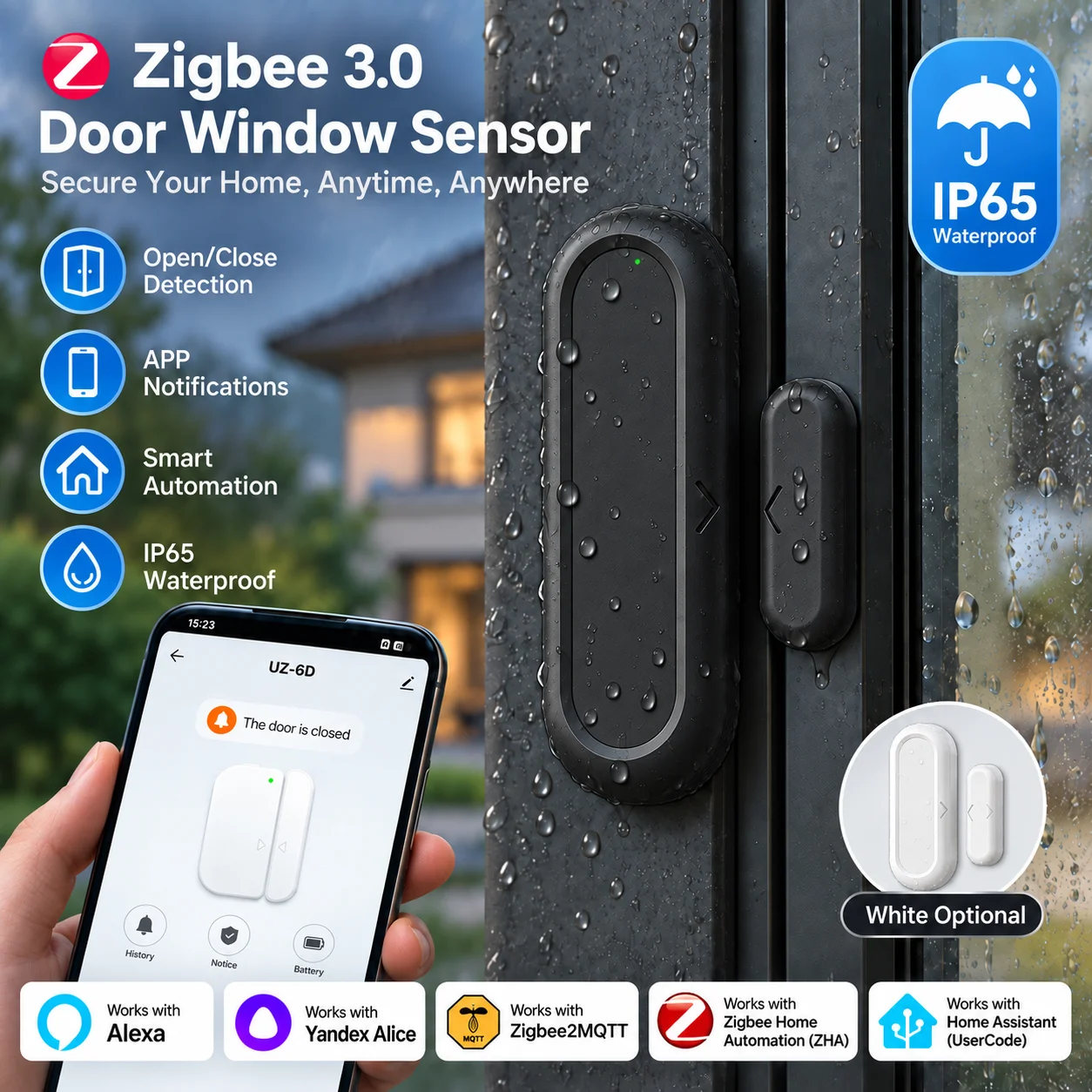 Zigbee 3.0 IP65 Waterproof Door Window Sensor Smart Contact Detector Works with Yandex, Alexa, Zigbee2MQTT, ZHA, Home Assistant