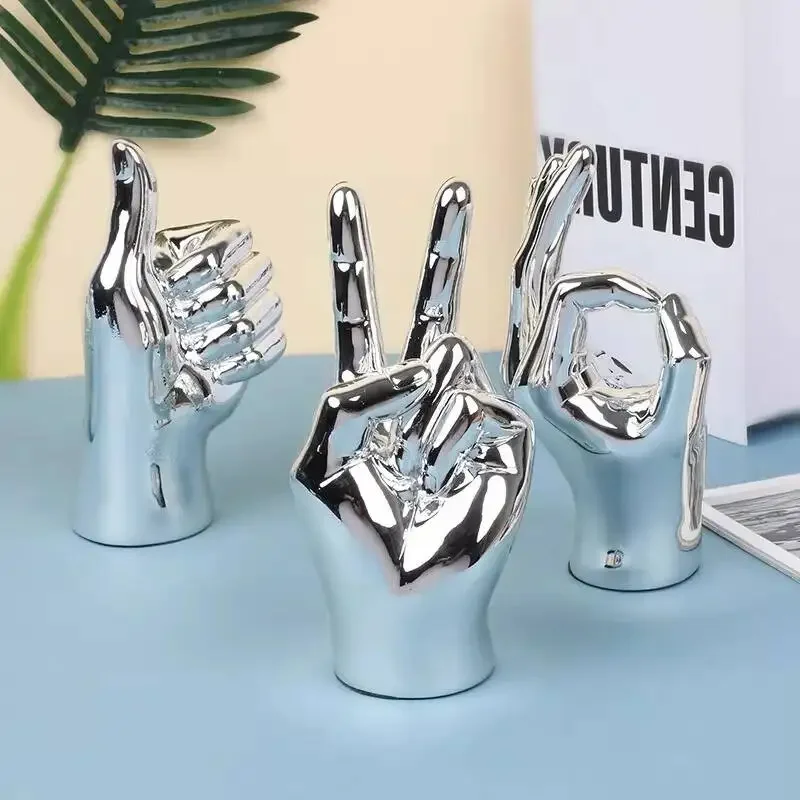Creative Resin Figurines Silver Gesture OK Finger Hand Sculpture Thumb Ornament Decorative Figurines Home Decoration