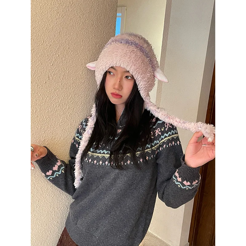 ELFSACK Y2K Sweet Macaron Goat Ear Pom Pom Beanie For Women