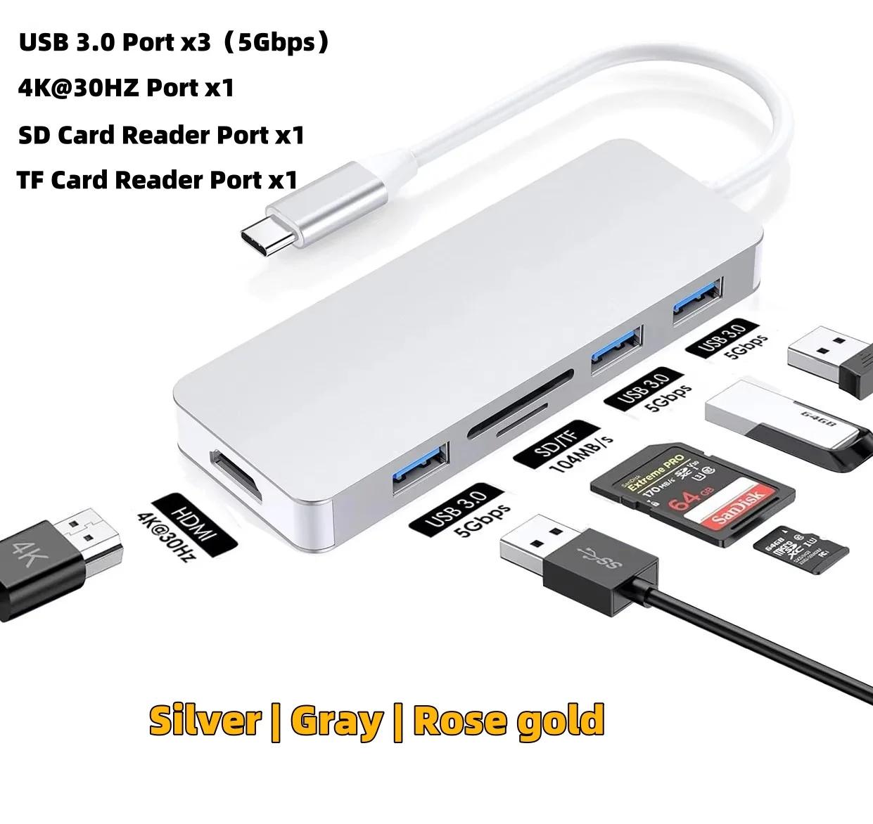 6 в 1 C HD телевизор USB концентратор 5 Гбит / с HDMI 4K30Hz USB3.0 TF адаптер SD для ноутбуков Macbook переключатель HDTV iPhone 15 iPad