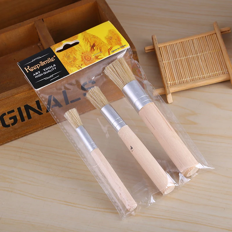 3PCS Set Wooden Stencil Brush Chalk Paint Natural Pure Hog Bristle brush Round