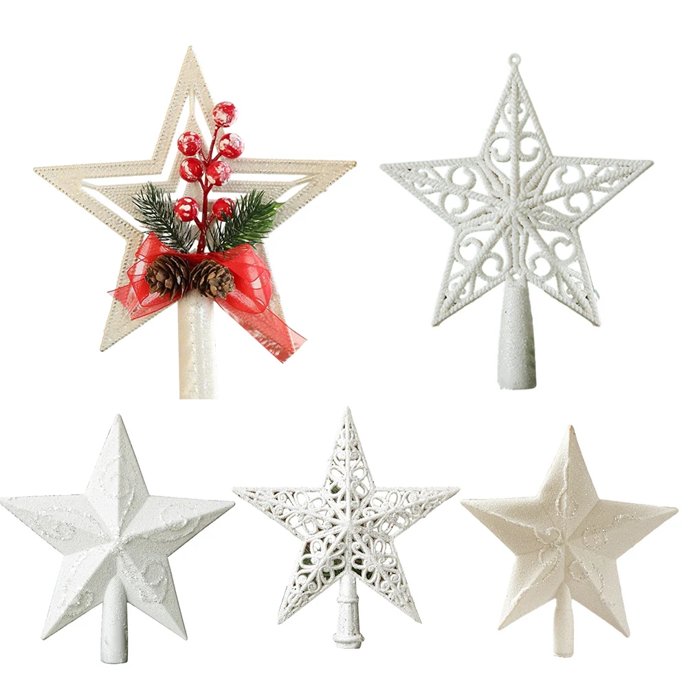 Plastic Hollow Glitter Three-Dimensional White Christmas Tree Top Star Pendant Five Pointed Star Crafts Indoor Home Party Decora