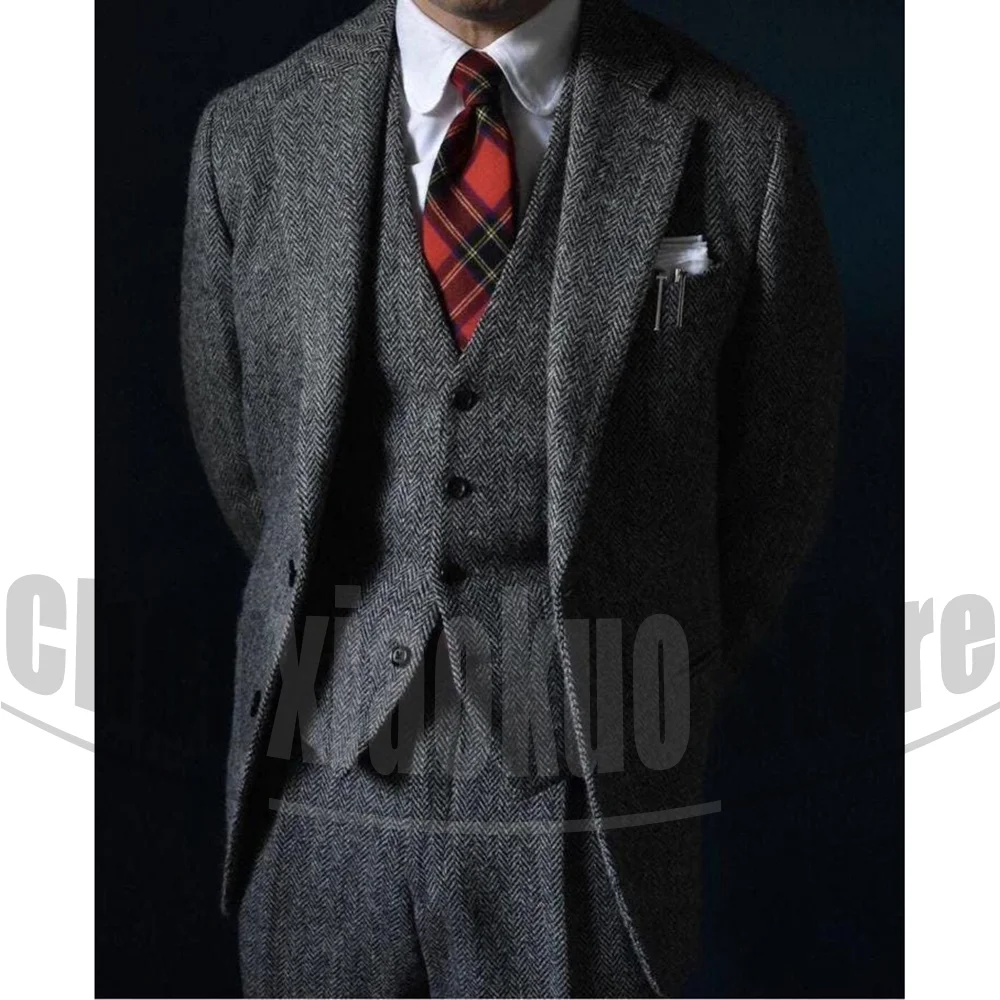 رمادي متعرجة الرجال الدعاوى 3 قطعة واحدة الصدر خمر تويد الملابس موضة الأعمال الرسمية الزفاف الكلاسيكية الذكور البدلة