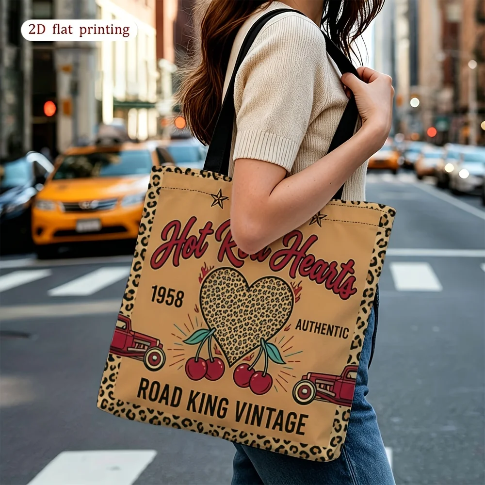1pc, 2D Flat Women's Shoulder Bag, Vintage Hot Rod Heart Pattern Themed Women's Shoulder Bag, for Daily Use, Multi-functional