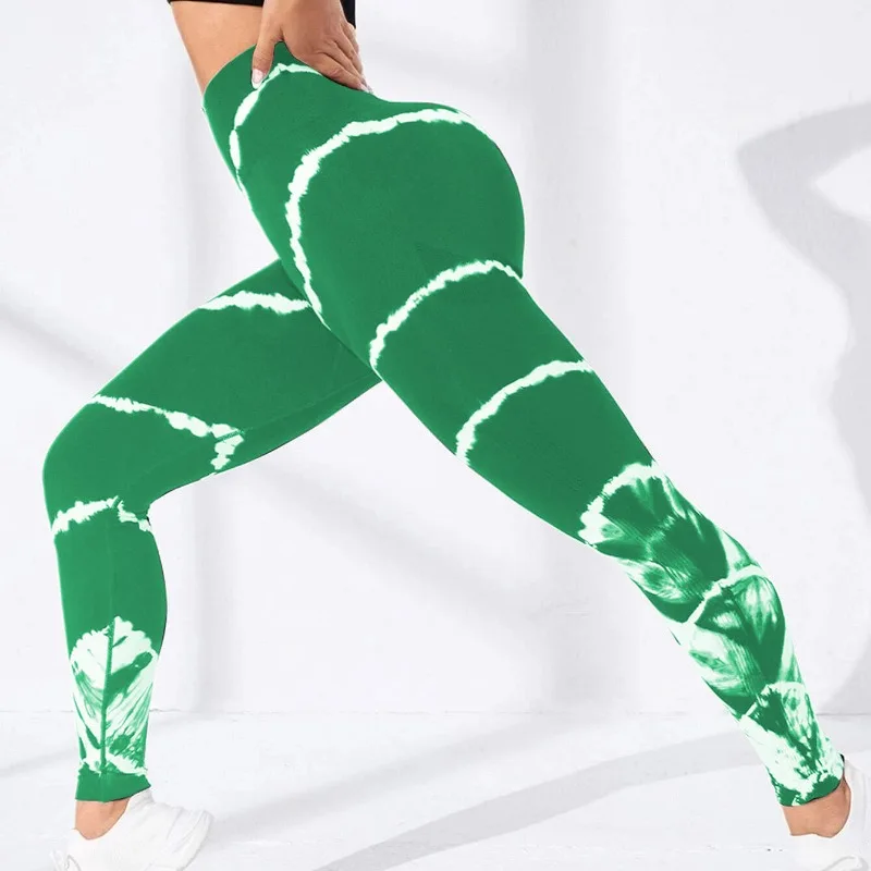 Striped Tie Dye Yoga Leggings Seamless Butt Lift Fitness Leggings High Waist Knit Breathe Gym Workout Running Tights Pants