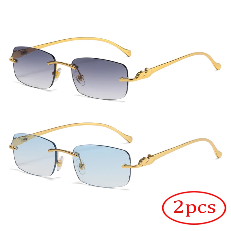 2 قطعة نظارات شمسية مربعة عصرية بدون إطار للرجال والنساء نظارات شمسية معدنية فاخرة للسفر والقيادة
