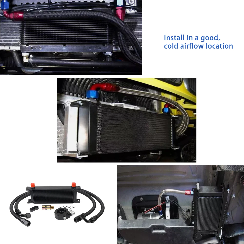 Universal 13 Rows Oil Cooler + 10AN Transmission Engine Cooler w/Oil Filter Sandwich Adapter Nylon Braided Hose Line Kit