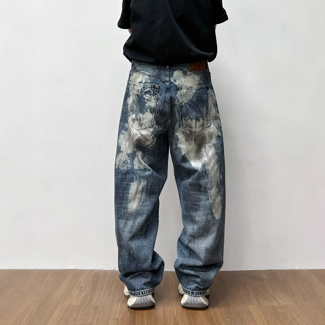 2025年春 メンズ ストレートレッグジーンズ シンプル アメリカン ハイストリート ルーズ ユース ダメージジーンズ メンズ服 ジーンズ