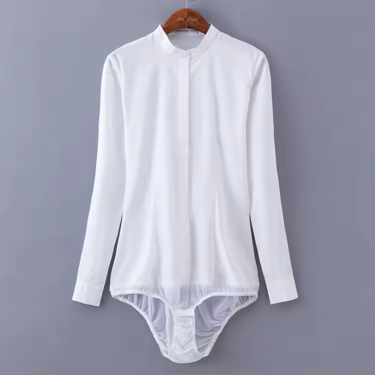 #2107 אביב קיץ שחור לבן גוף חולצה נשים משרד Bodysuits גבירותיי דק Slim צווארון עומד גוף Femme בגד גוף ארוך שרוול