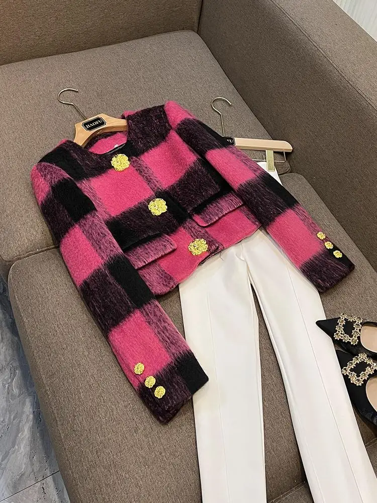 

Новая высококачественная асимметричная большая золотая пуговица Celebri Faion, круглая шерстяная куртка в клетку A9064, женская одежда для поездок на работу