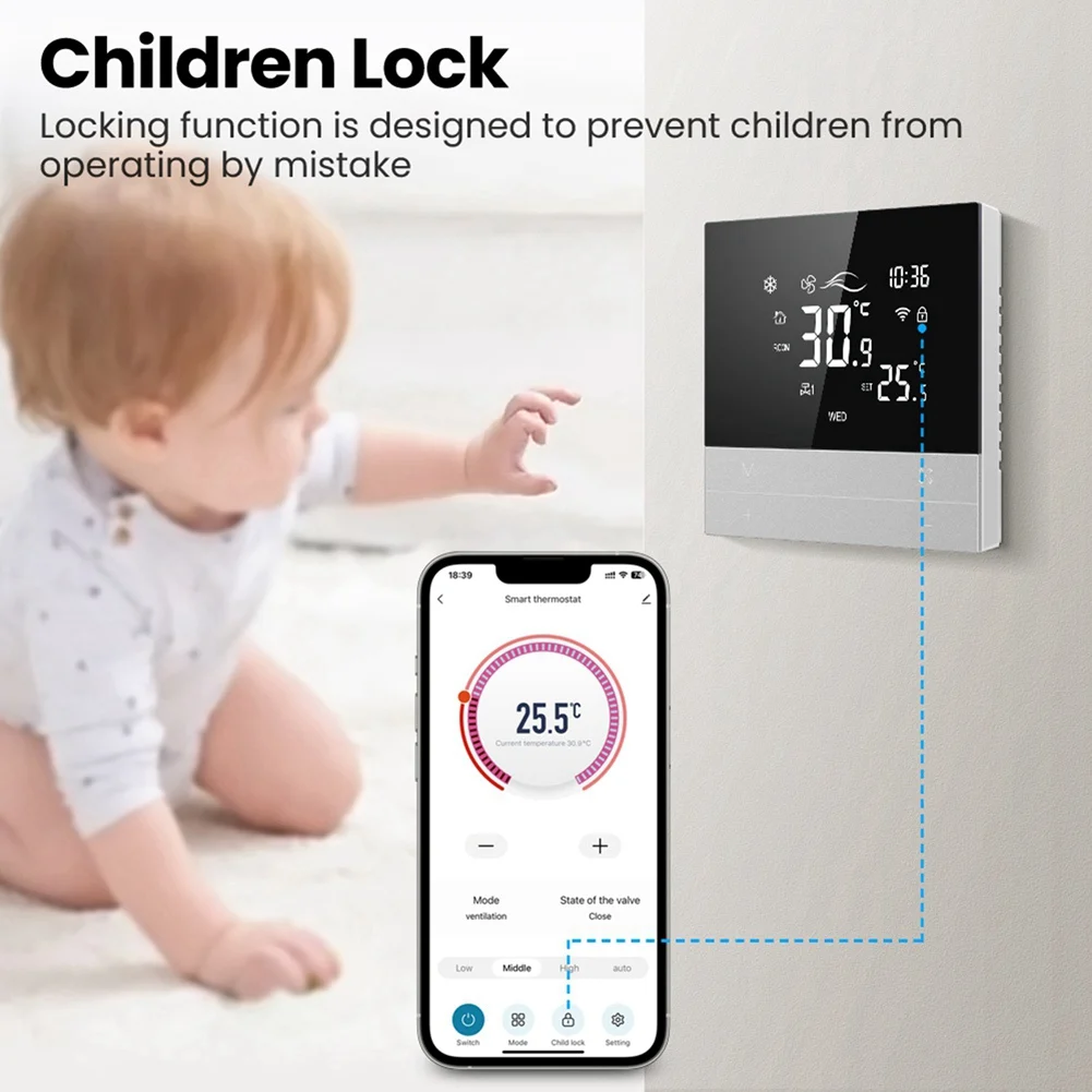 ABGN Tuya Wifi Smart Thermostat Switch Pemanasan Keren 3 Kecepatan Fan Coil Unit Pengontrol Suhu Suara