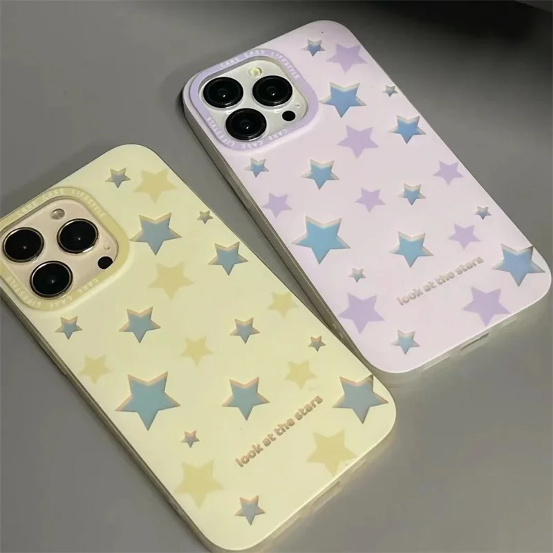 Yellow Laser Card Glittering Stars Phone Case For iPhone 14 13 12 11 Pro XS MAX XR 7 8 Plus Mini SE2020 Silicone Cover Cases