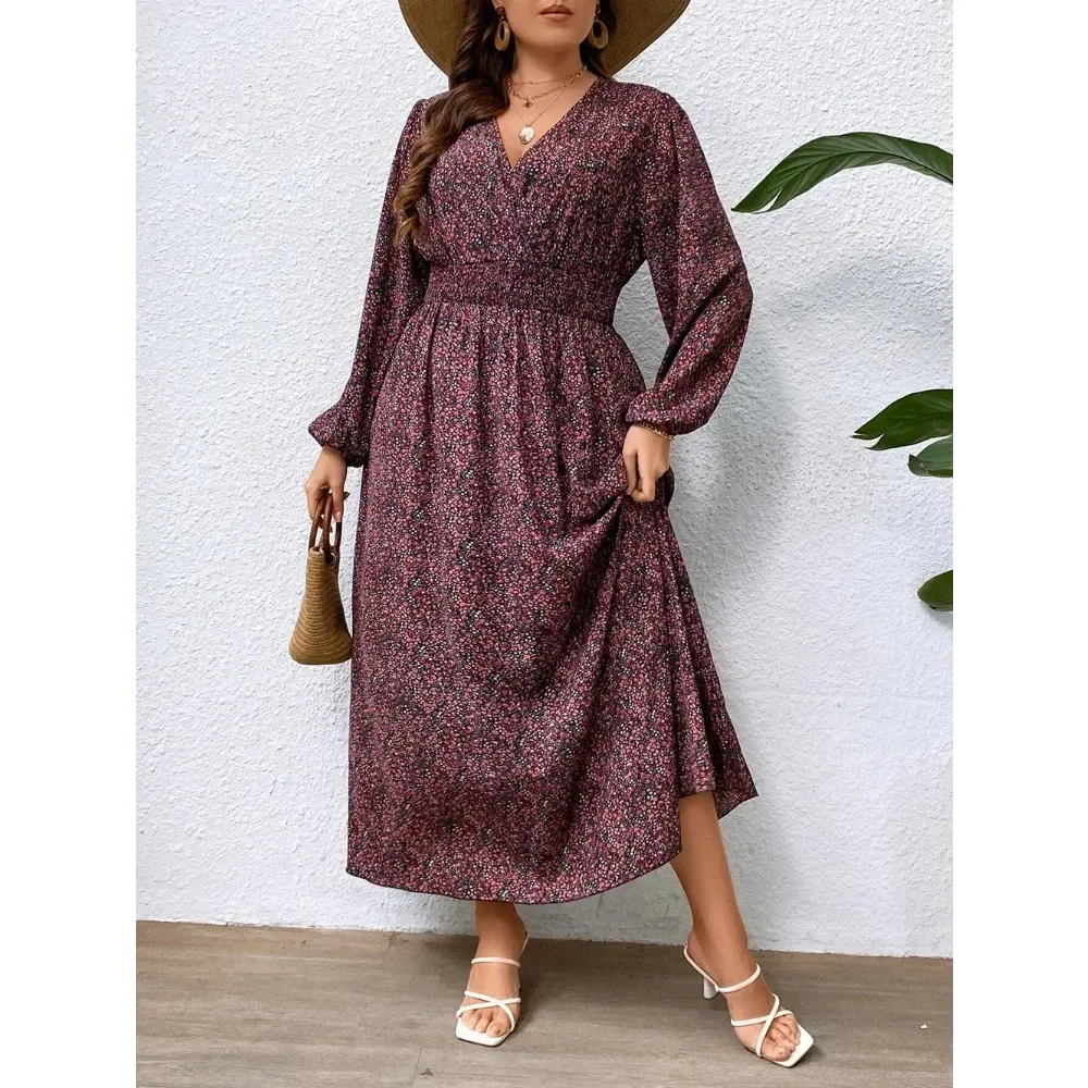 Spring/Summer Hot Selling Women\'s Plus Size Loose Waist V-neck Fashionable Floral Print Lantern Sleeves Women\'s Casual Dress