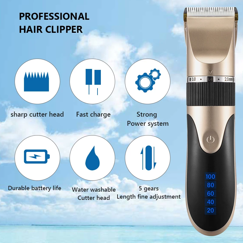 Professional Hair Clipper Men\'s Barber Beard Trimmer Rechargeable Hair Cutting Machine Ceramic Blade Low Noise Adult Kid Haircut