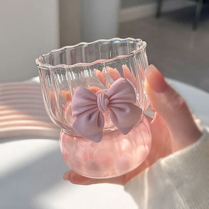 Clear Glass Coffee Mug Bow Decoration Water Cup Delicate Striped Glass Breakfast Milk Oatmeal Mug Afternoon Tea Flower Tea Cup