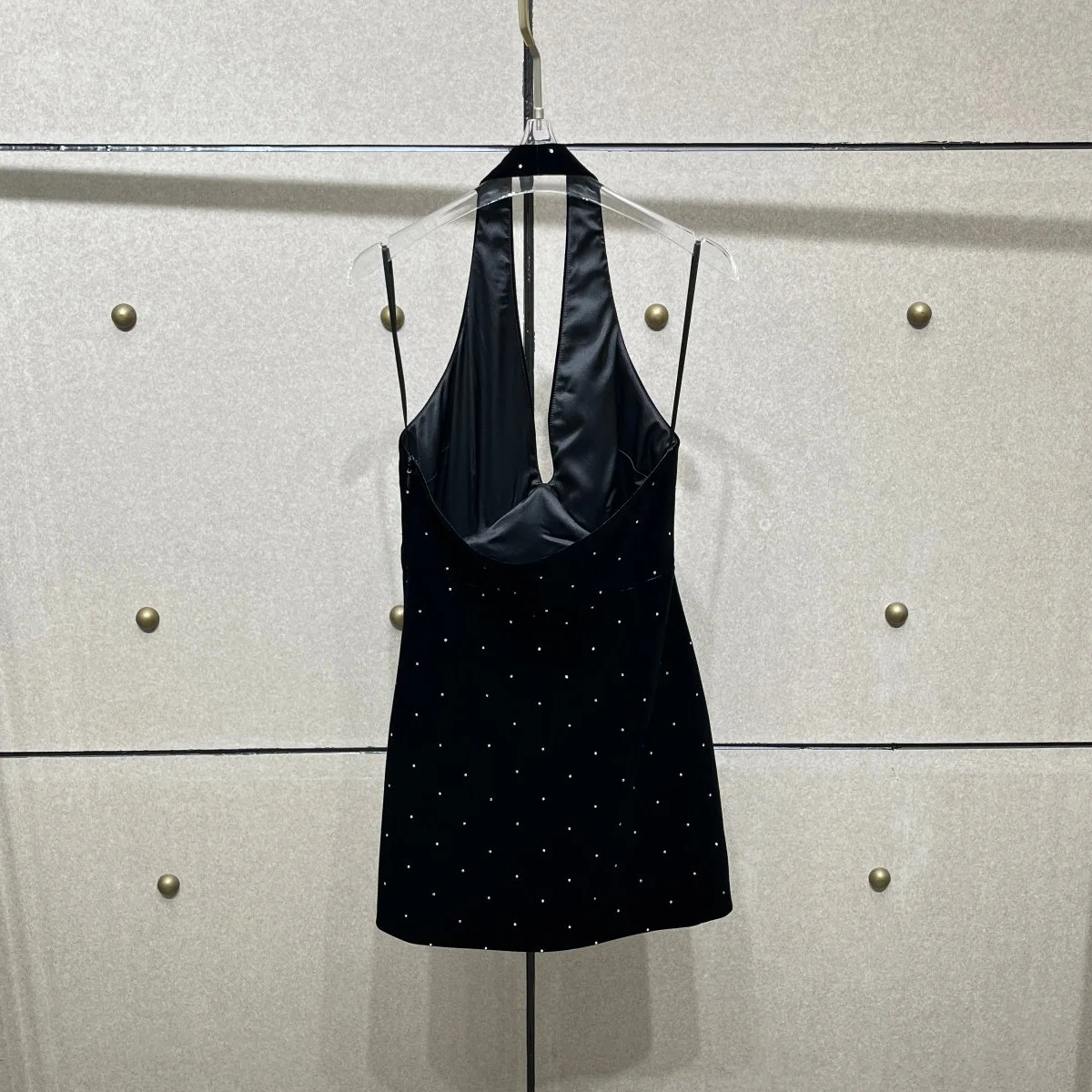 High Quality Women Halter Neck Mini Dress Rhinestone Decor Contrast Color Bow Detail Back Zipper Elegant Party Short Dresses