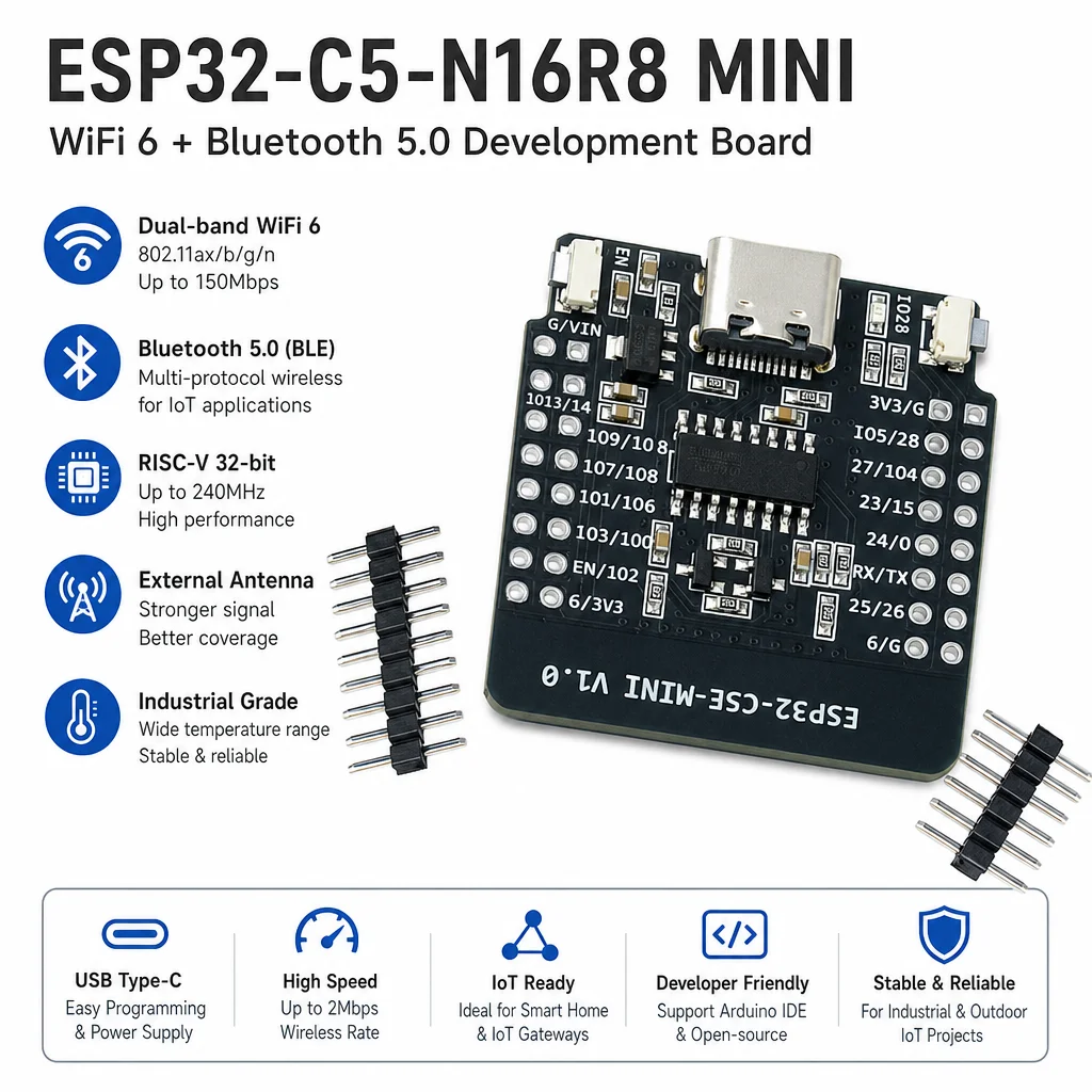 ESP32-C5-N16R8 WiFi 6 Bluetooth BLE IoT Development Board with Dual Band RISC-V Core for Smart Home Gateway CH340C