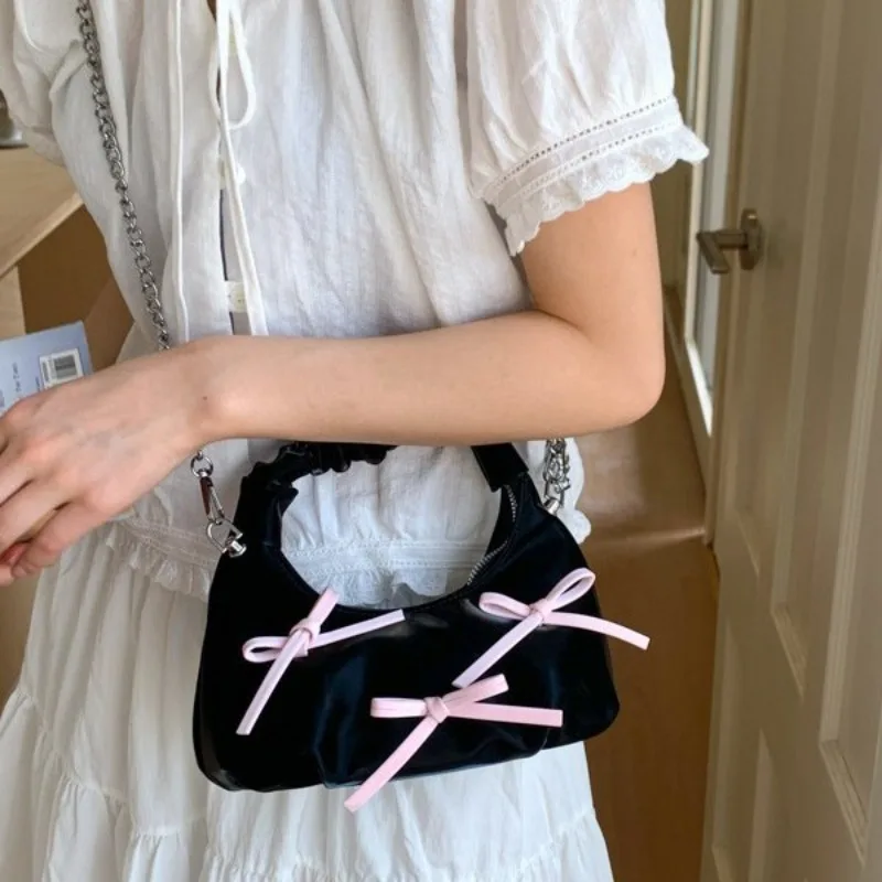 

2025 Spring New Wrinkle Pillow Bag Women Cute Bow Underarm Shoulder Purse Unique Fashionable Handheld Tote Small Crossbody Bag