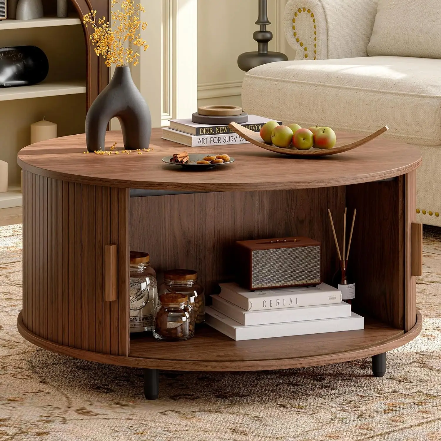 

31.5 Inch Round Coffee Table, Mid-Century Modern Coffee Table wtih Storage, Fluted Coffee Table with Adjustable Footpads, 360° R