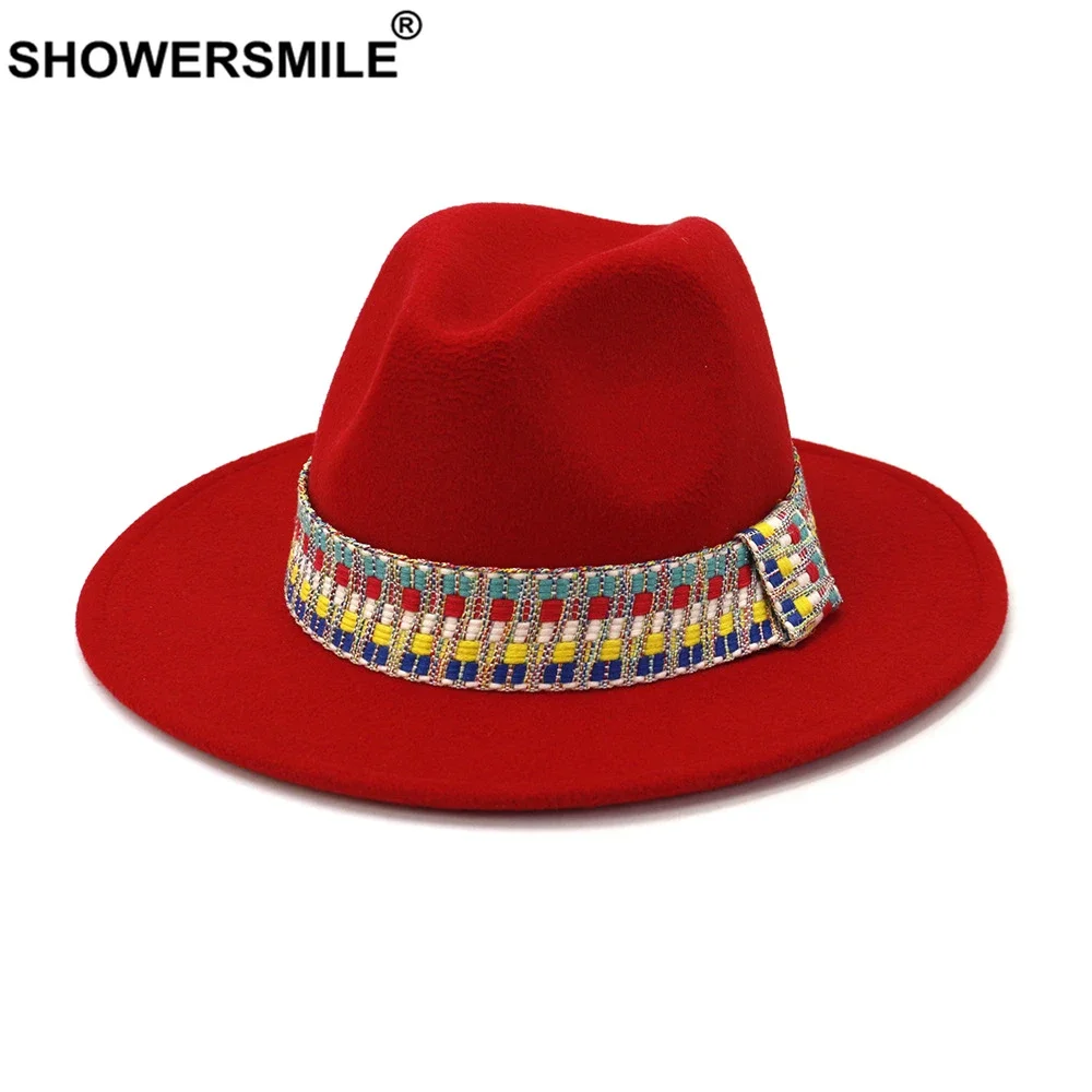 

SHOWERSMILE Red Fedora Hat Winter Panama Hat Women Elegant Ladies Felt Caps Vintage Autumn WInter Trilby Hat Wide Brim Fedora