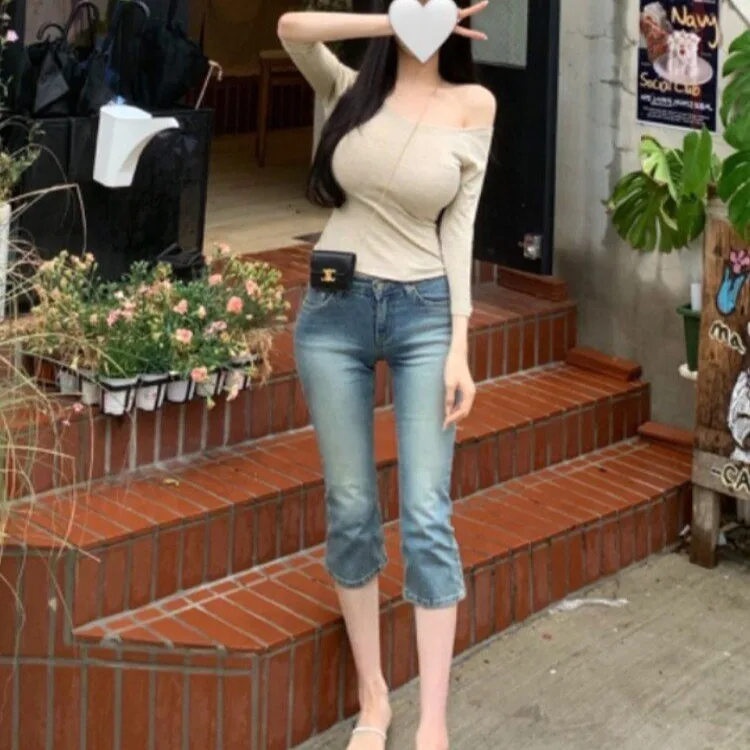 Sexy Minimalist One-Shoulder Side-Cut Thin Top High-Waist Slimming Seven-Foot-Ten Pants Women's T-shirt Summer Breathable