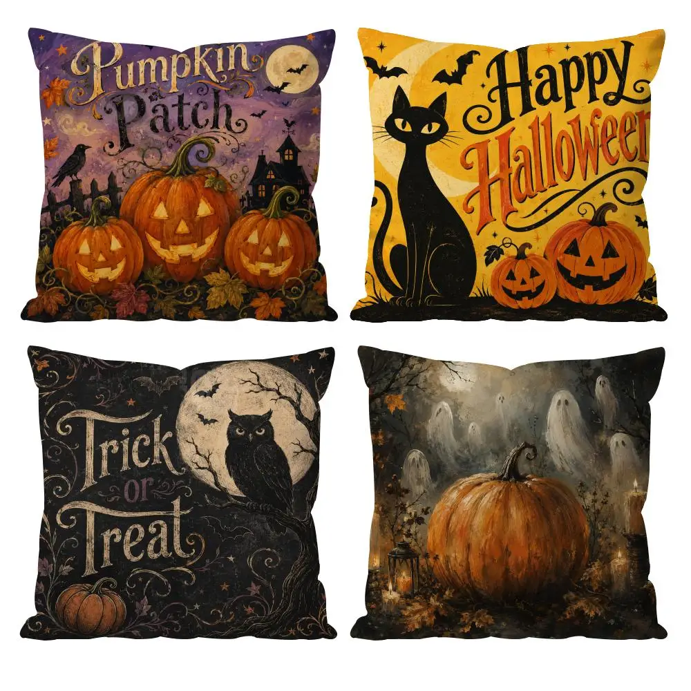 Halloween Boo Black Cat Cushion Cover Double-Sided Plush Sofa Cushion Covers Organic Breathable Invisible Zipper