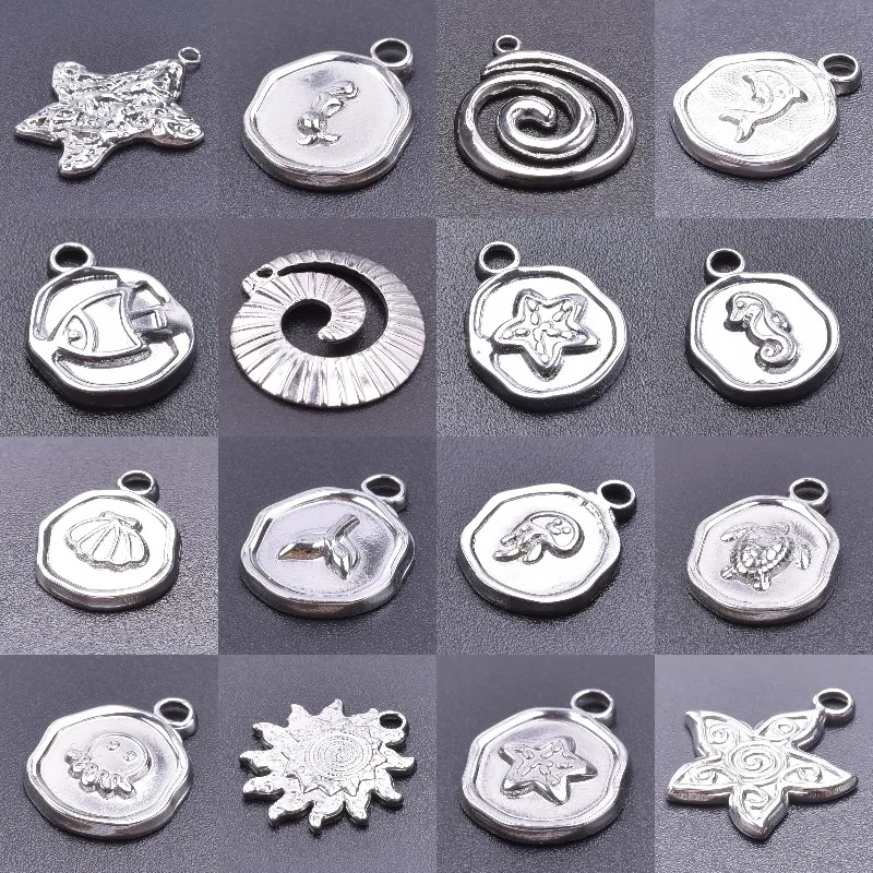 6Pcs/Lot Stainless Steel Summer Marine Life Sea Conch Shell Dangle Charms Diy Assorted Animal Turtle Hippocampus Pendant Jewelry