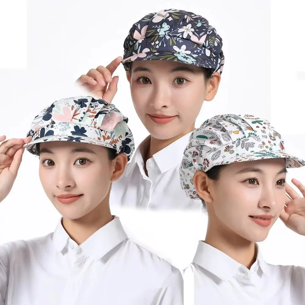 New Oil-Resistant Chef Hat Dust Proof Cotton Work Cap Flower Printed Sanitary Cap Hotel Restaurant