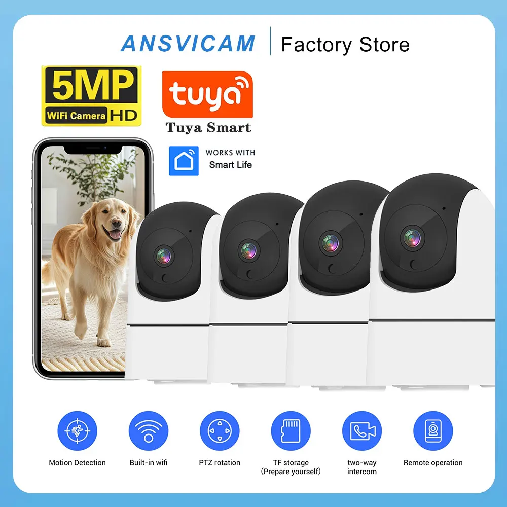 ANSVICAM 4Pc 5MP Tuya WiFi IP Security Camera PTZ 6x Zoom Indoor Baby Monitor 360° Pan & Tilt 2-Way Audio Wireless Surveillance