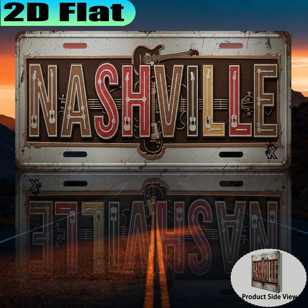 2D Flat, [2D Flat] 2D Flat Printing, 1pc, Nashville Retro Aluminum Sign (12x6in), Retro Urban Style, Travel Enthusiast Gift, Sou