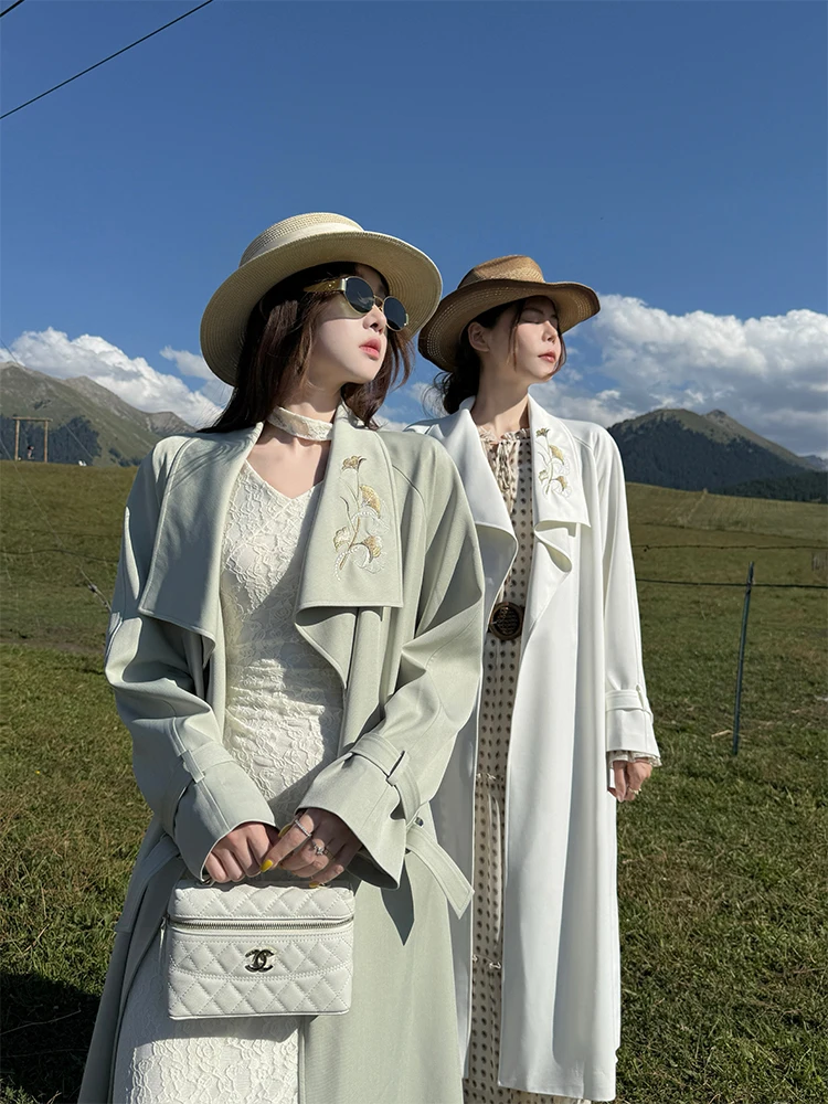 

Ele Casual Embroidered Women's Coat Autumn Winter Long Sve Loose Fit Faionable Commute Sle Polyester Spandex Blend