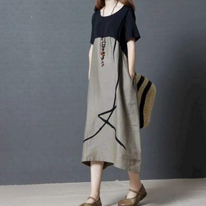 

Fashion Dresses Women Korean Patchwork A-line Short Sleeve Dress Casual Loose Oversize Bottomed Dress Summer Trend Thin Artistic