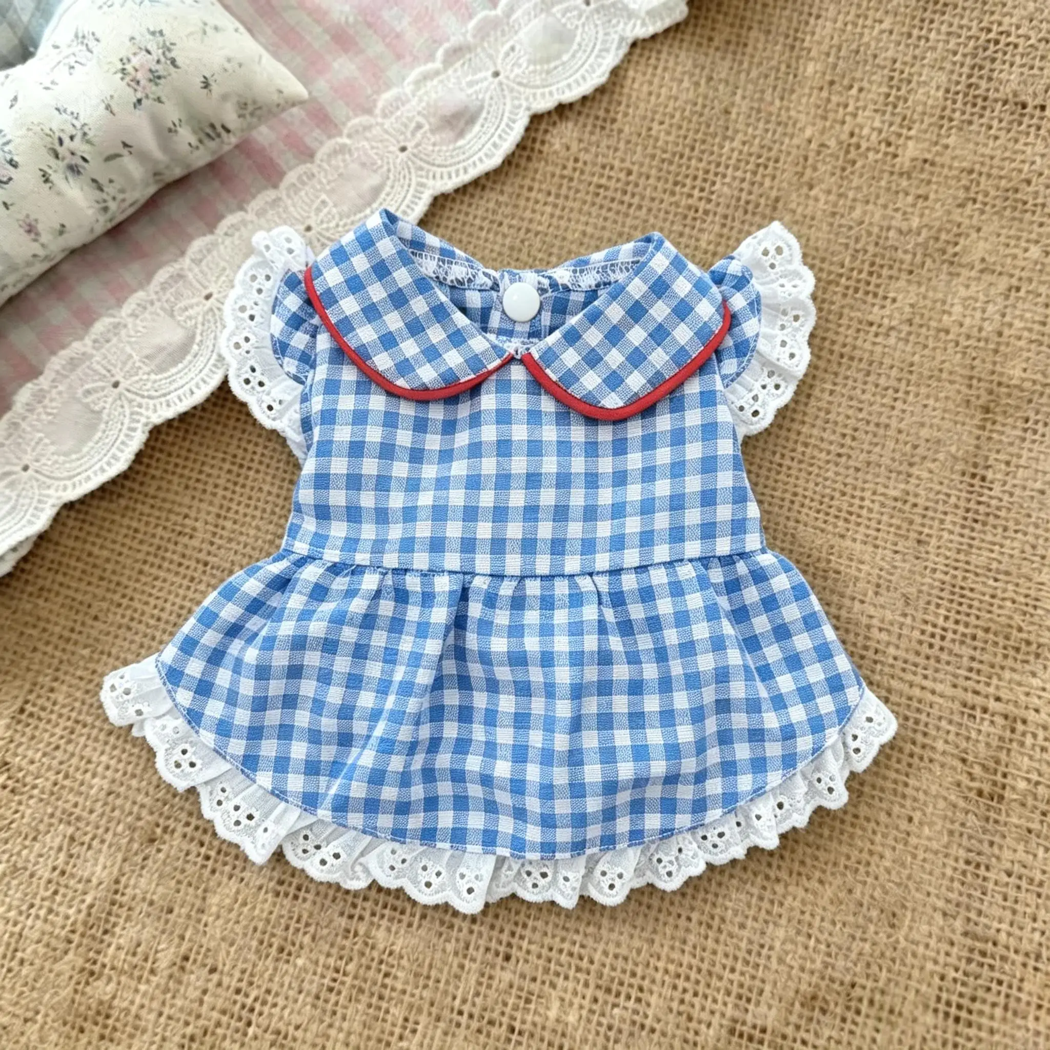 Sweet Check Pet Dress Doll Collar Red Edge Eyelet Lace Fly Sleeve Pearl Bows Daily Wear Outdoor Walk Pet Photo Gift