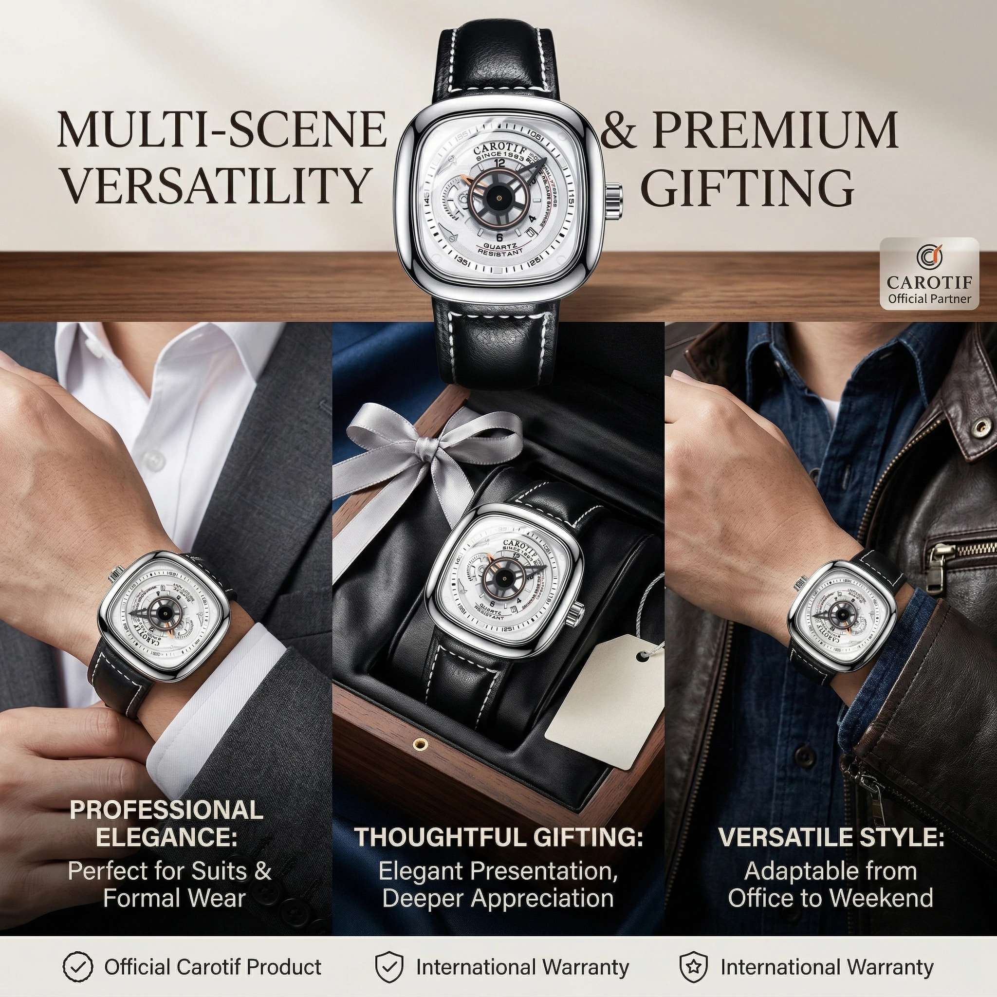 1Pcs Men's White Dial Leather Strap Vintage Fashion Slim Rectangular Elegant Details Quartz Watch For Business Party Holiday