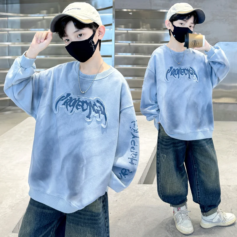 

Kids Boys Sweatshirts Autumn Letter Printed Long Sleeves Outfit Boys T-shirt Children Cotton Loose Casual Round Neck Tops 5-13 Y