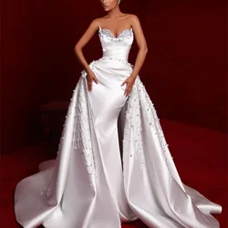 Luxury Pearls Beads Mermaid Wedding Dresses Fashion Sleeveless Pleat Gowns Elegant Sequined Court Train Bride Dresses 2024