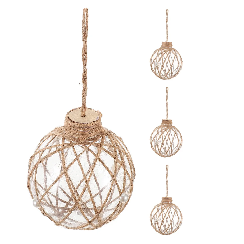 

4Pcs Transparent Round Christmas Ornaments Plastic Baubles Jute Wrapped Shatterproof Xmas Tree Pendants DIY Crafts Holiday